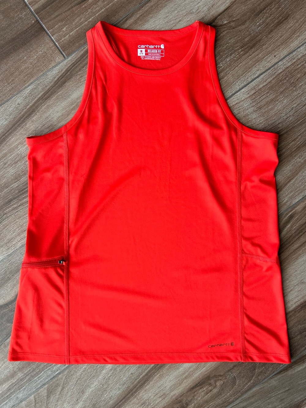 Med Carhartt Women’s Bright Red Orange Athletic Tank Top with side zip pocket